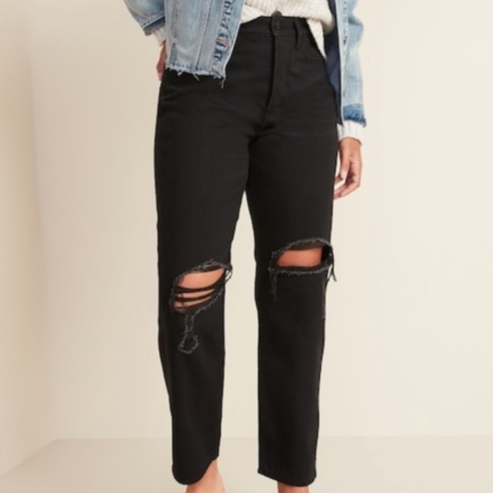 Old Navy sky-hi straight leg extra high rise black distressed denim jeans